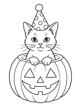 A vintage halloween coloring page featuring an adorable cat in a party hat popping out of a carved pumpkin.