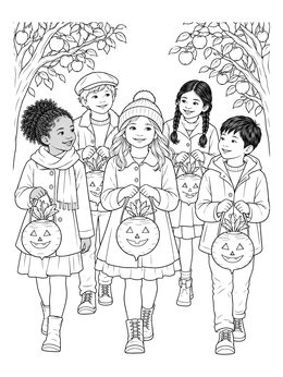 A vintage halloween coloring page of smiling children carrying traditional turnip lanterns through an orchard.