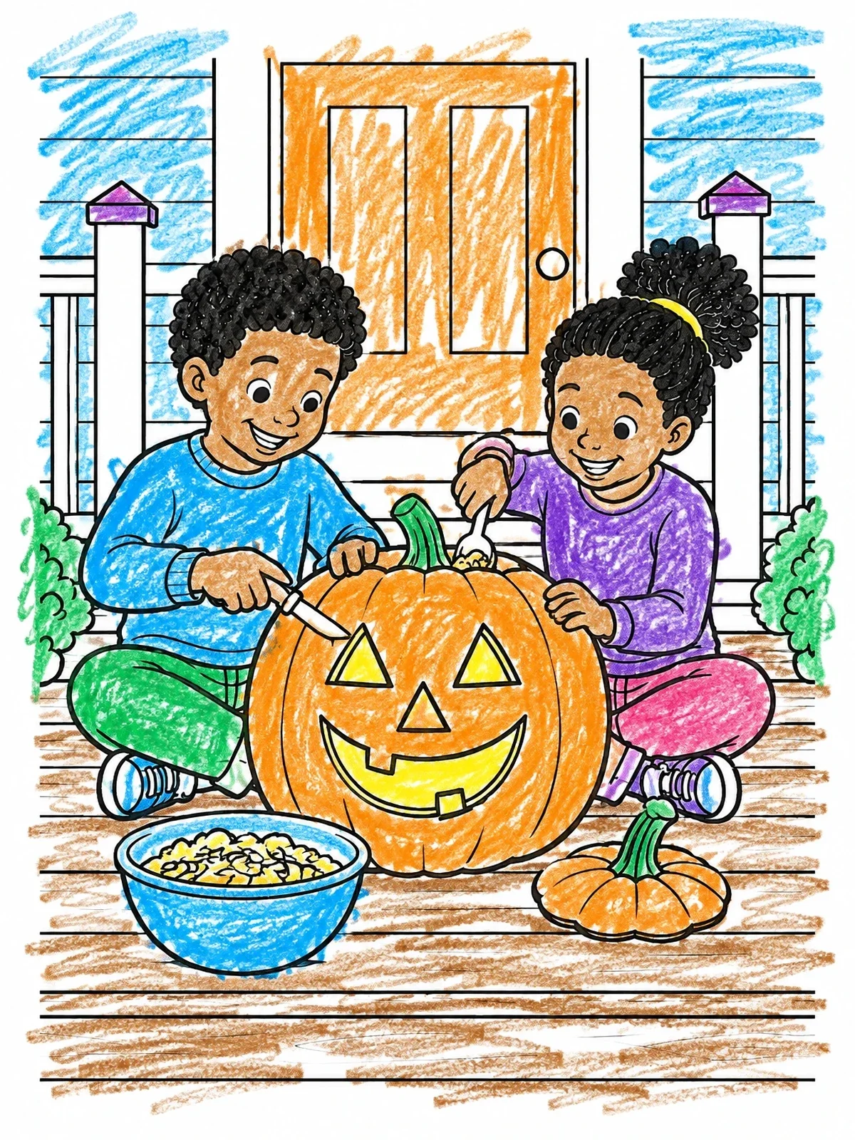 Colored example of the Kids Carving Porch Jack O' Lantern coloring page