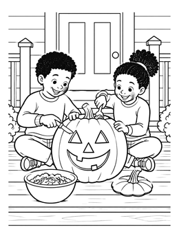 Free printable Kids Carving Porch Jack O' Lantern coloring page