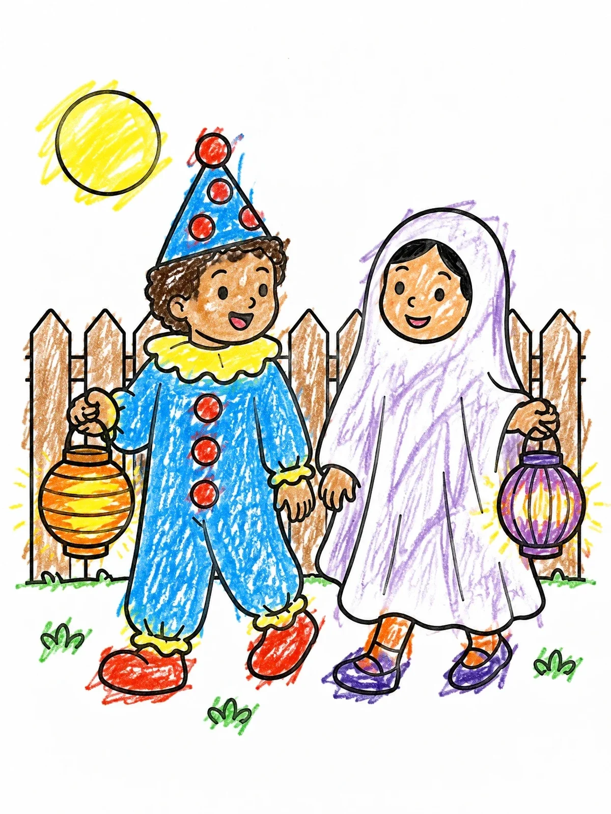 Colored example of the Children In Halloween Costumes With Lanterns coloring page