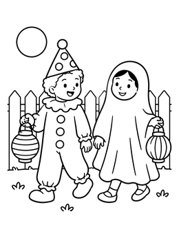 Free printable Children In Halloween Costumes With Lanterns coloring page