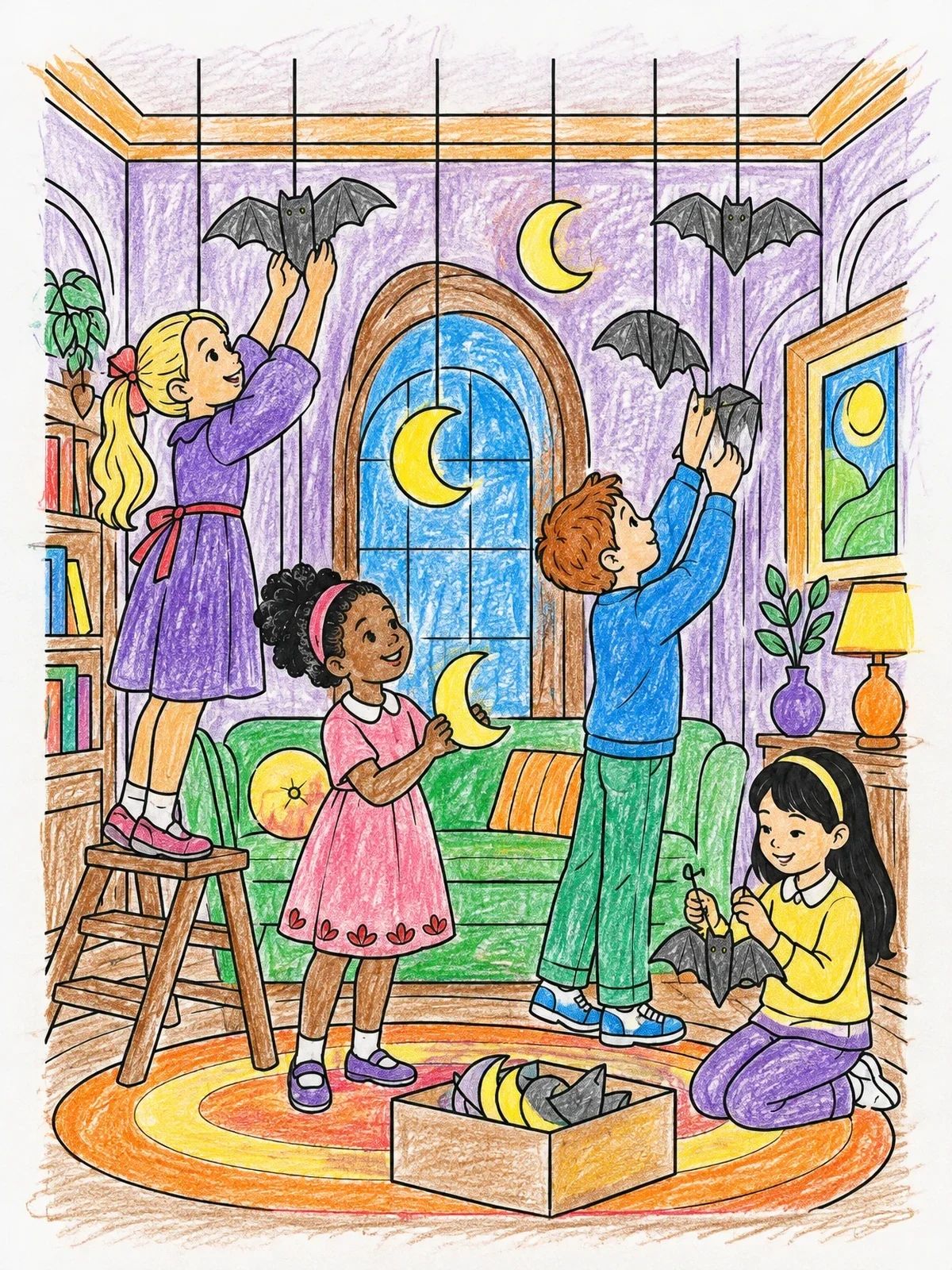 Colored example of the Children Decorating Parlor For Halloween coloring page