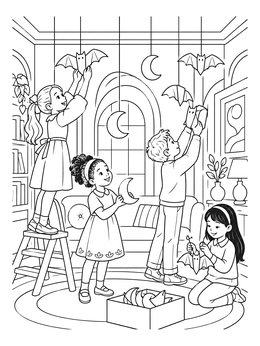 A vintage halloween coloring page of children hanging paper bats and moons in a parlor.