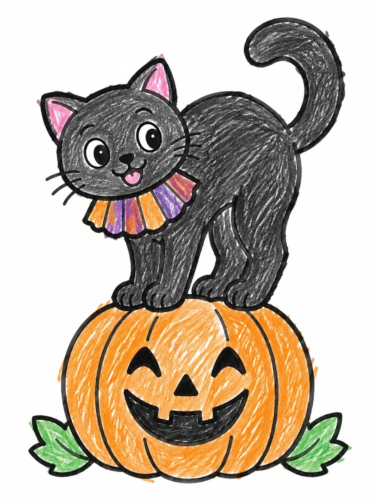 Colored example of the Cute Cat On Carved Pumpkin coloring page