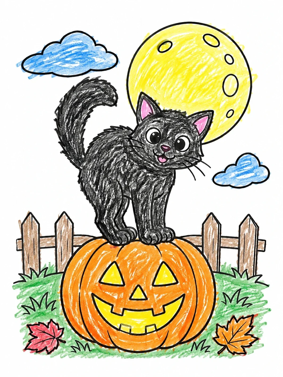 Colored example of the Cute Cat On Carved Pumpkin coloring page