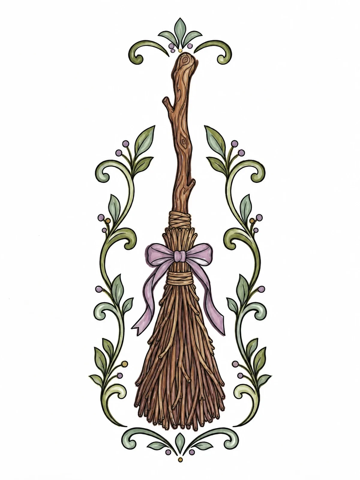 Colored example of the Decorative Witch Broomstick With Floral Border coloring page