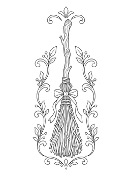 A vintage halloween coloring page featuring a rustic witch broom tied with a ribbon bow.