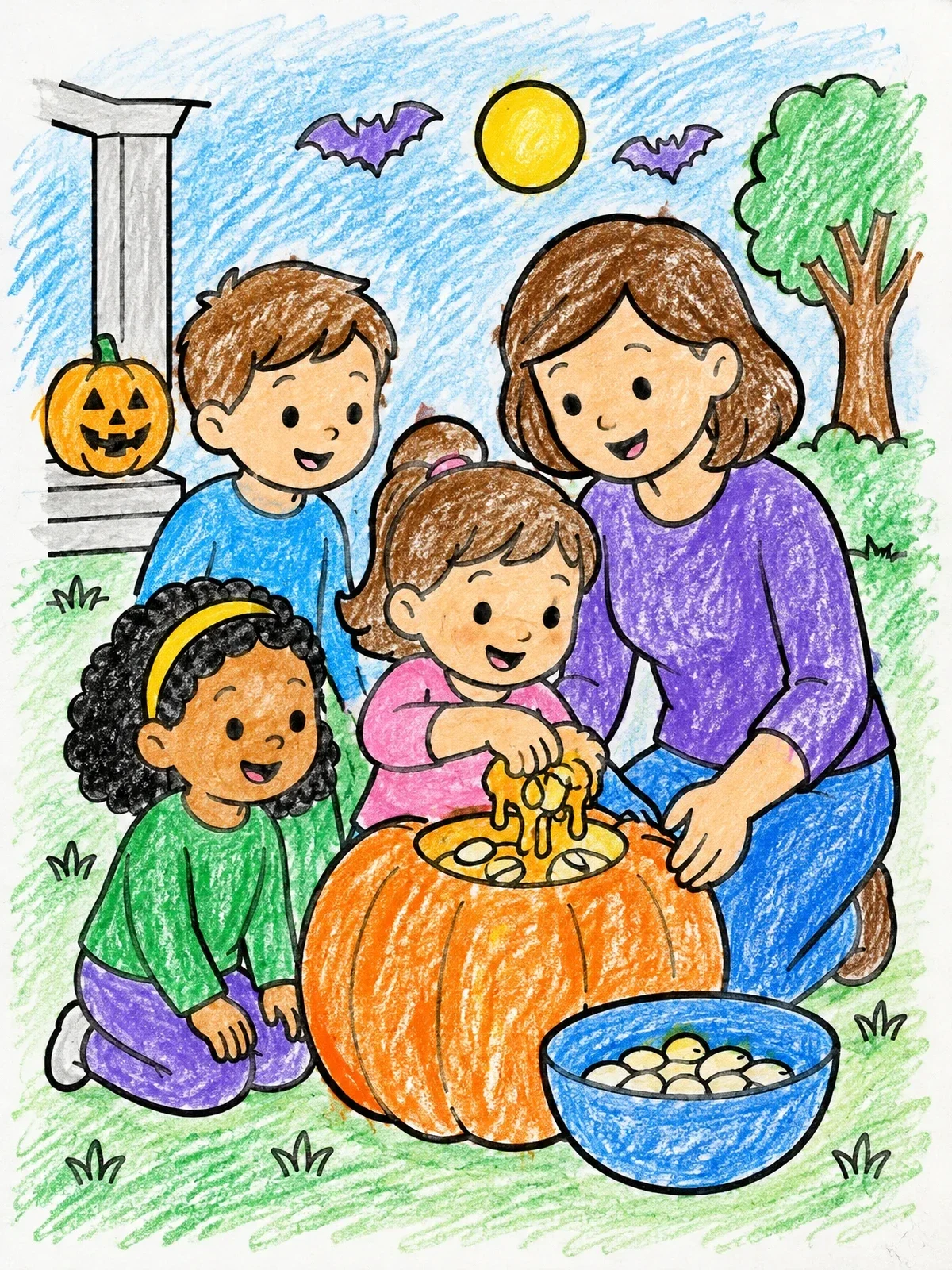 Colored example of the Family Carving Halloween Pumpkin Together coloring page