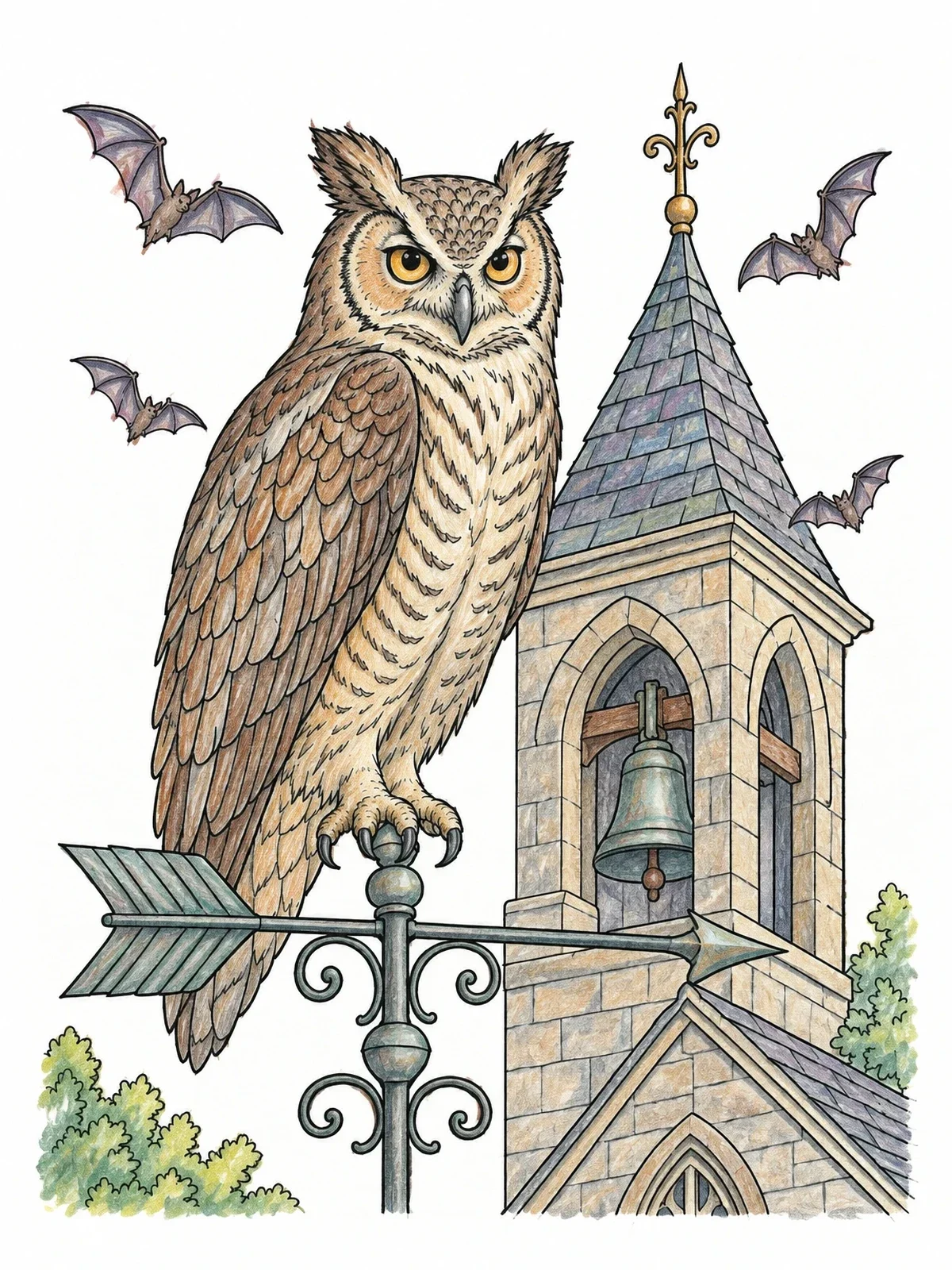 Colored example of the Horned Owl On Belfry Weather Vane coloring page