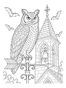 A detailed horned owl sits near a church tower in this vintage halloween coloring page.