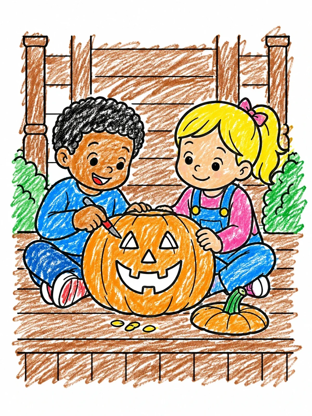Colored example of the Kids Carving A Jack O' Lantern On The Porch coloring page
