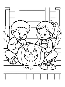Free printable Kids Carving A Jack O' Lantern On The Porch coloring page