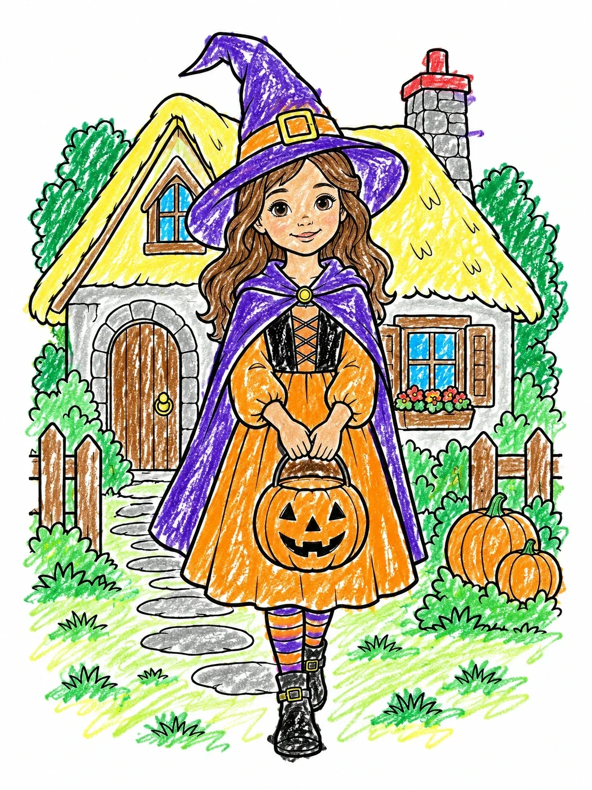 Colored example of the Little Witch With Pumpkin Bucket coloring page