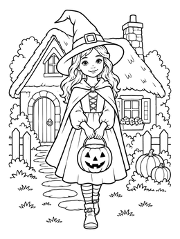 A vintage halloween coloring page of a young witch carrying a jack-o'-lantern bucket in front of a cottage.