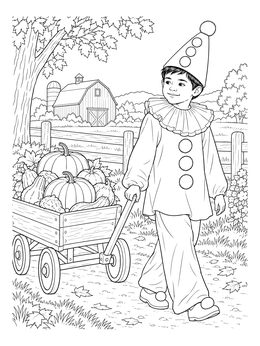 A smiling child dressed as a pierrot in this vintage halloween coloring page pulling a wagon of pumpkins.