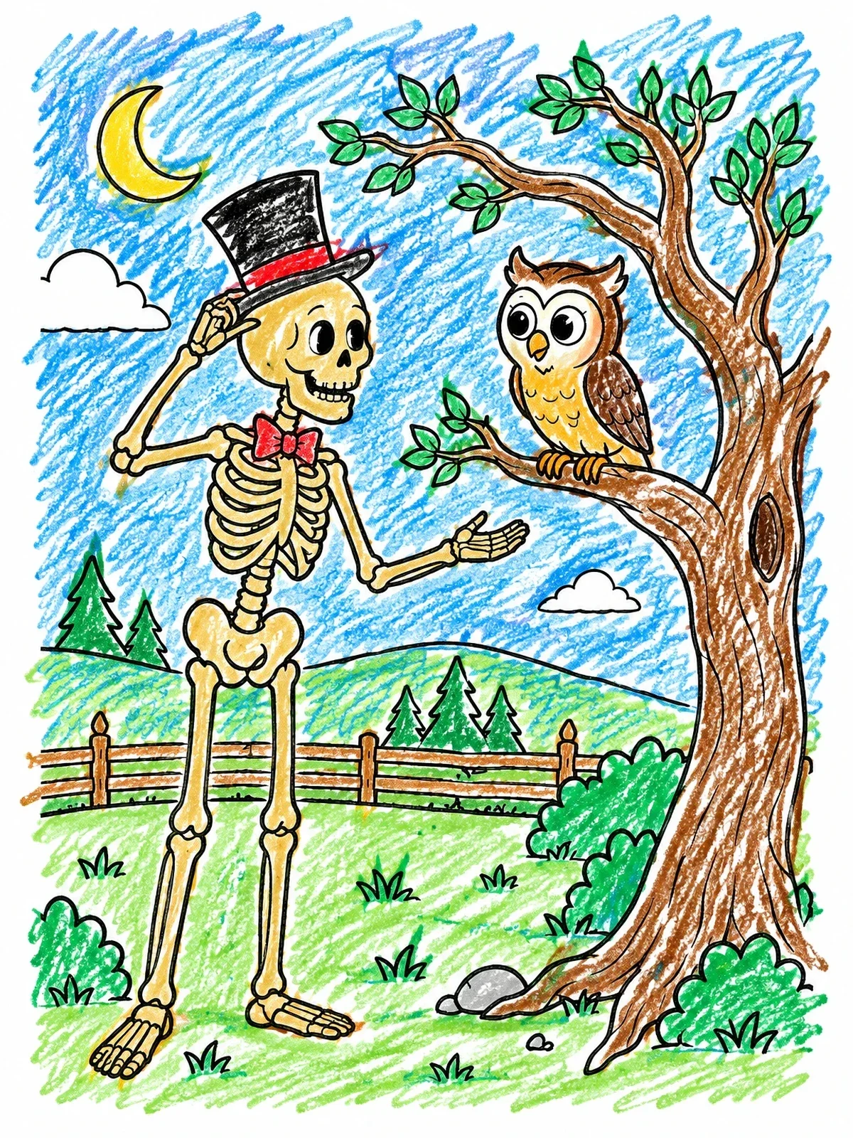 Colored example of the Polite Skeleton Greeting An Owl coloring page