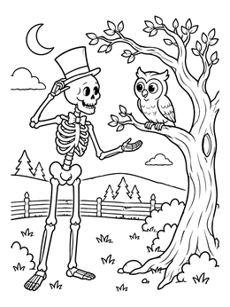 Free printable Polite Skeleton Greeting An Owl coloring page