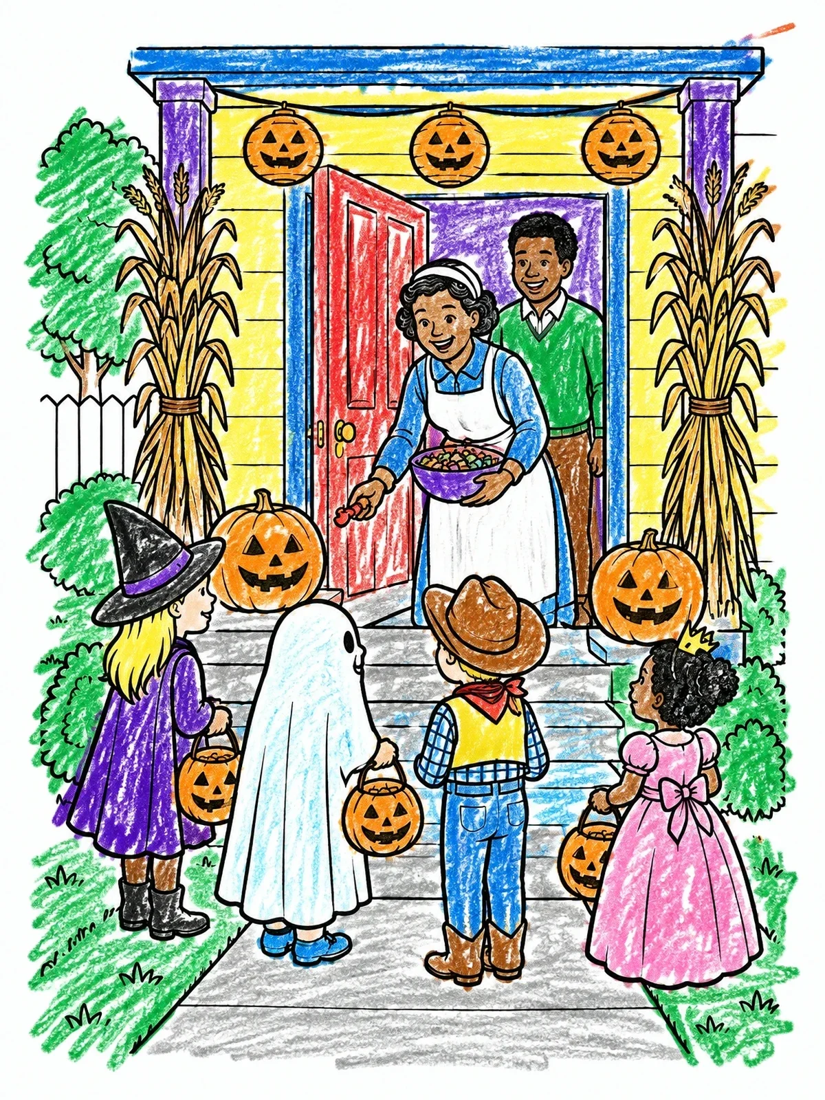 Colored example of the Trick Or Treat Front Porch Scene coloring page