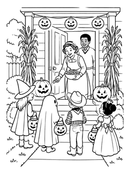 Free printable Trick Or Treat Front Porch Scene coloring page