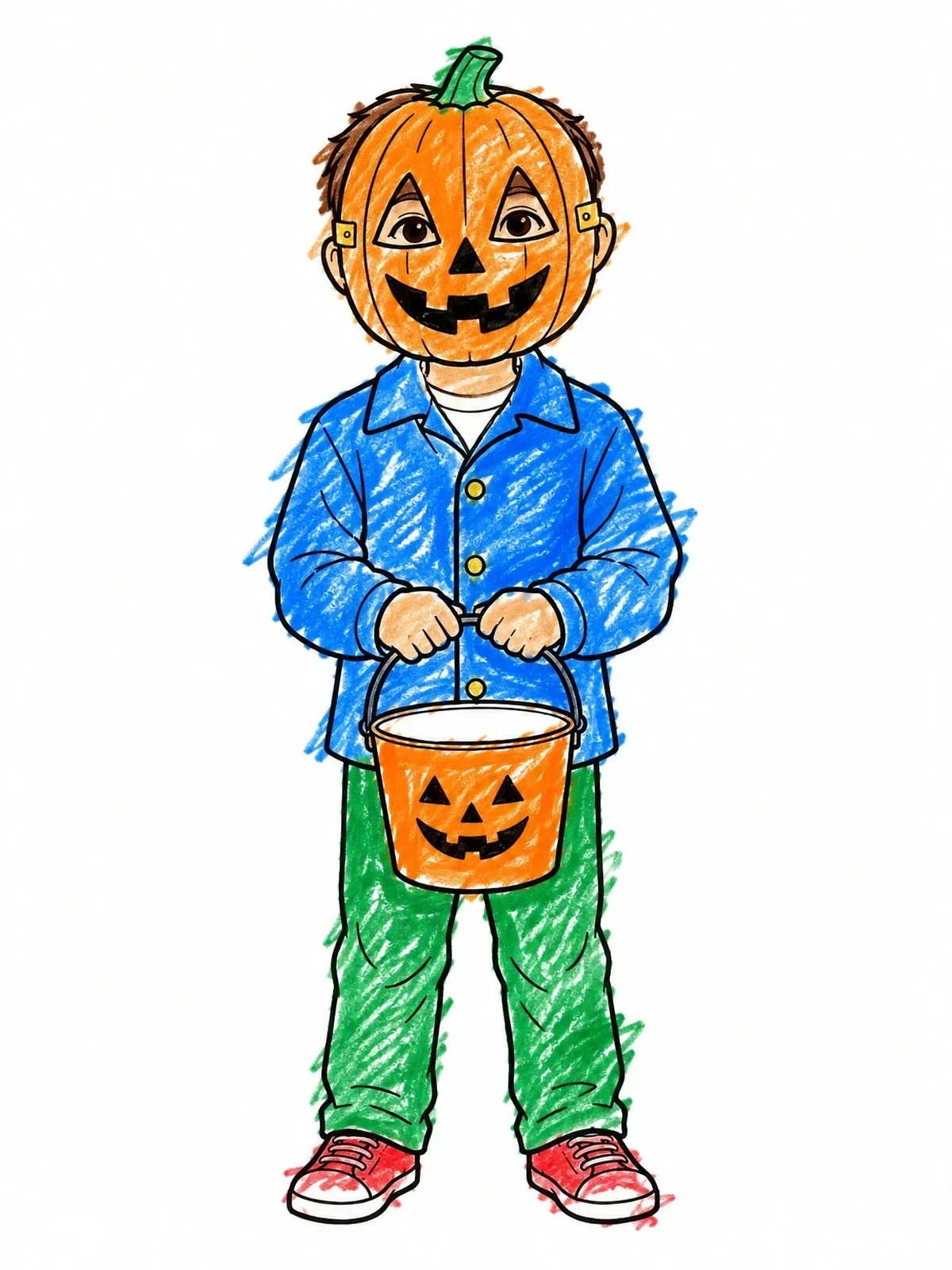 Colored example of the Trick Or Treater With Pumpkin Mask coloring page