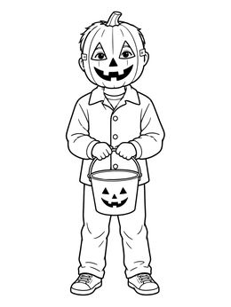 A vintage halloween coloring page of a child wearing a pumpkin mask and holding a trick-or-treat bucket.