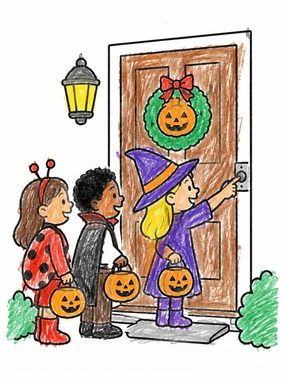 Colored example of the Trick Or Treaters At The Door coloring page