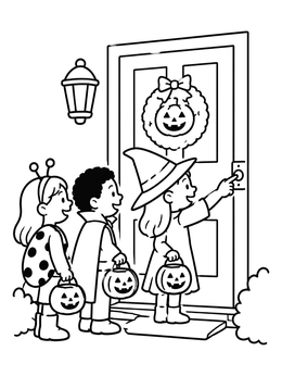 Free printable Trick Or Treaters At The Door coloring page
