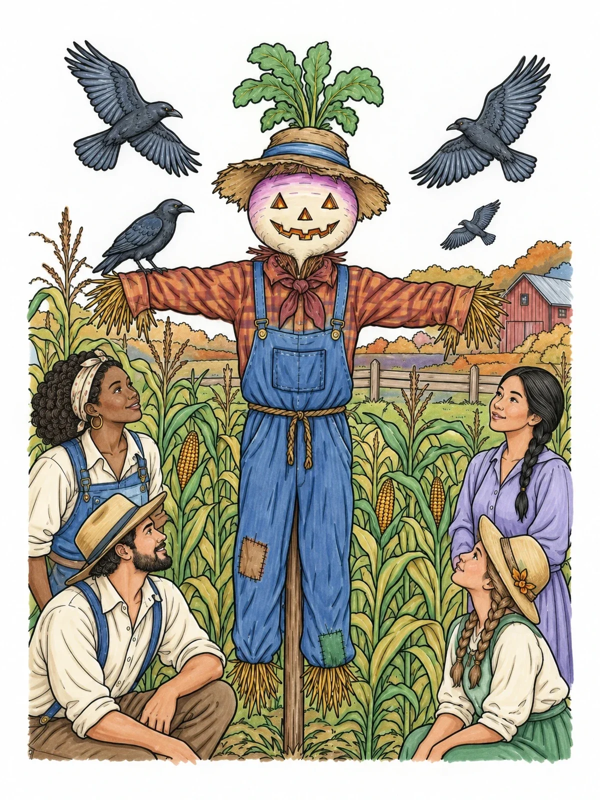 Colored example of the Turnip Head Scarecrow In Autumn Cornfield coloring page