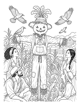 A vintage halloween coloring page showing a turnip head scarecrow in a cornfield with farmers.