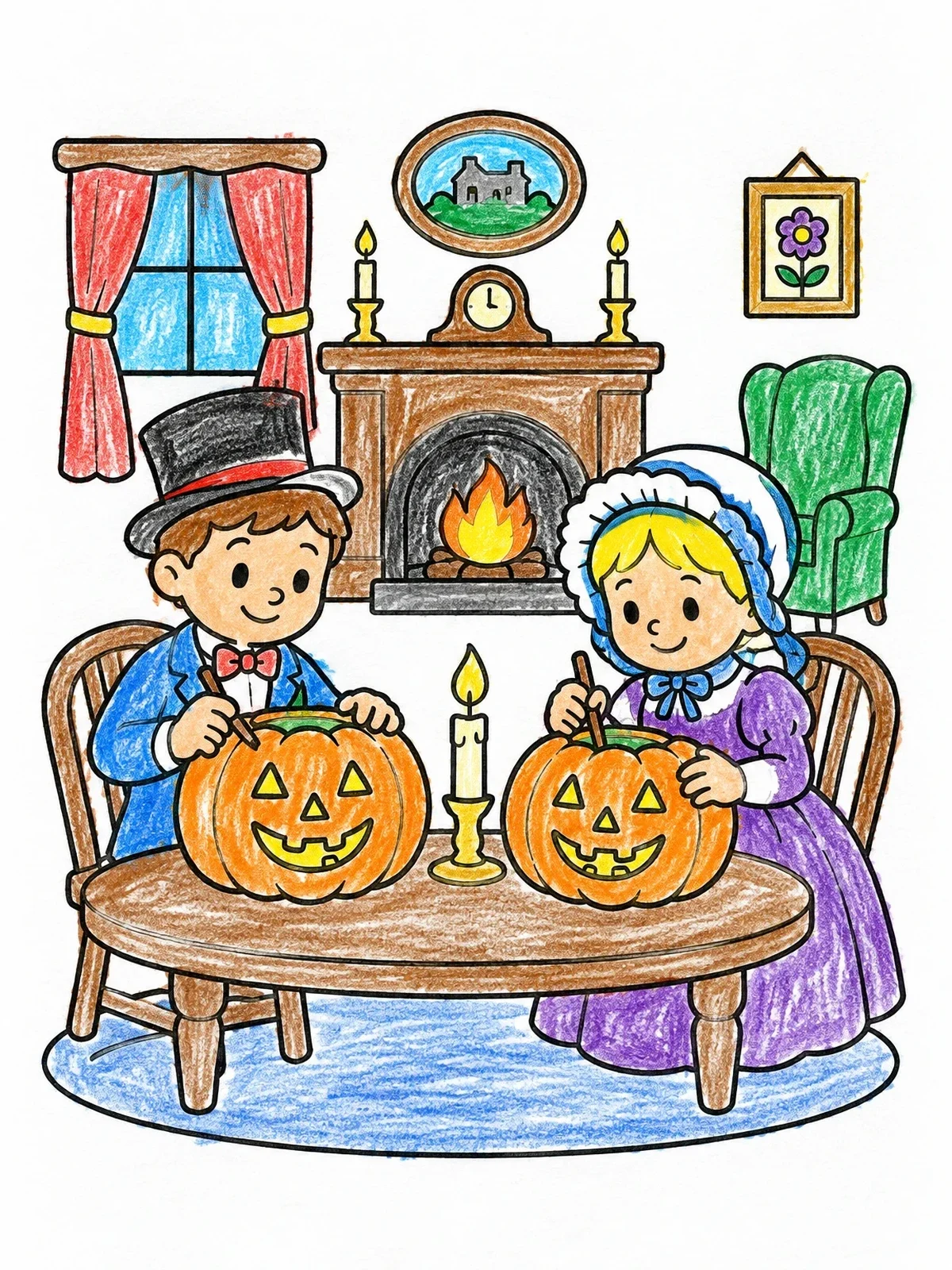 Colored example of the Victorian Children Carving Halloween Pumpkins coloring page