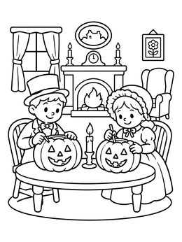 Free printable Victorian Children Carving Halloween Pumpkins coloring page