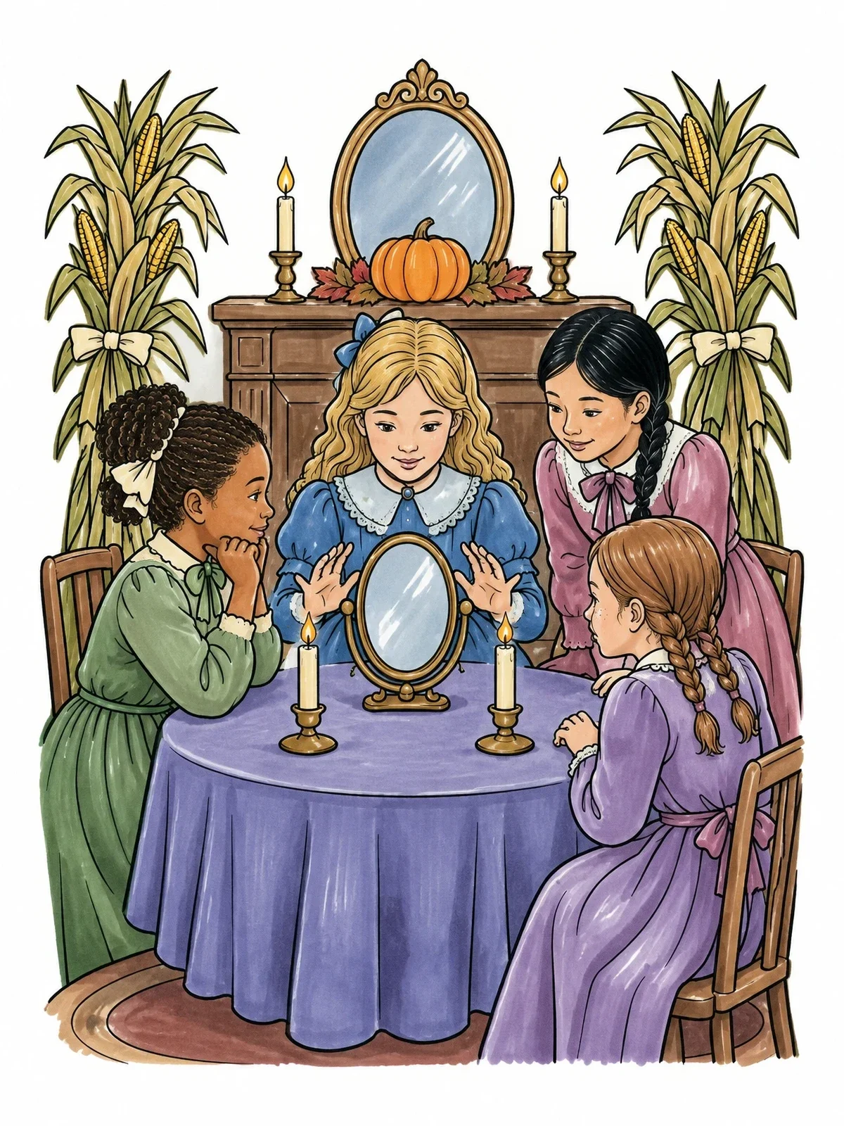 Colored example of the Victorian Girls Halloween Mirror Fortune coloring page