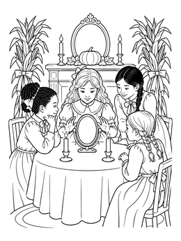 Victorian girls gather around a mirror in this vintage halloween coloring page.