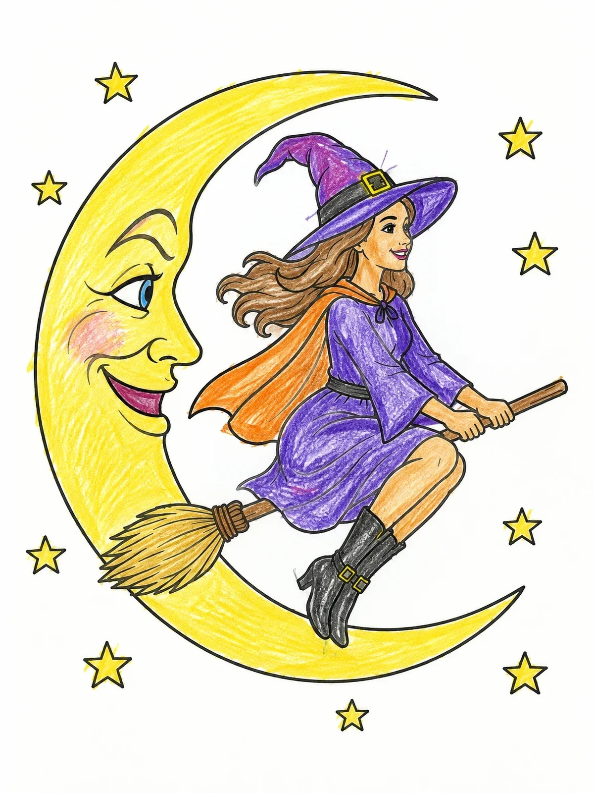 Colored example of the Witch Flying Past Crescent Moon coloring page