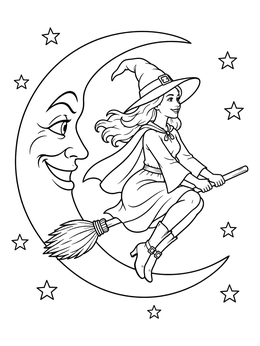 A smiling young witch flies past a crescent moon in this vintage halloween coloring page.