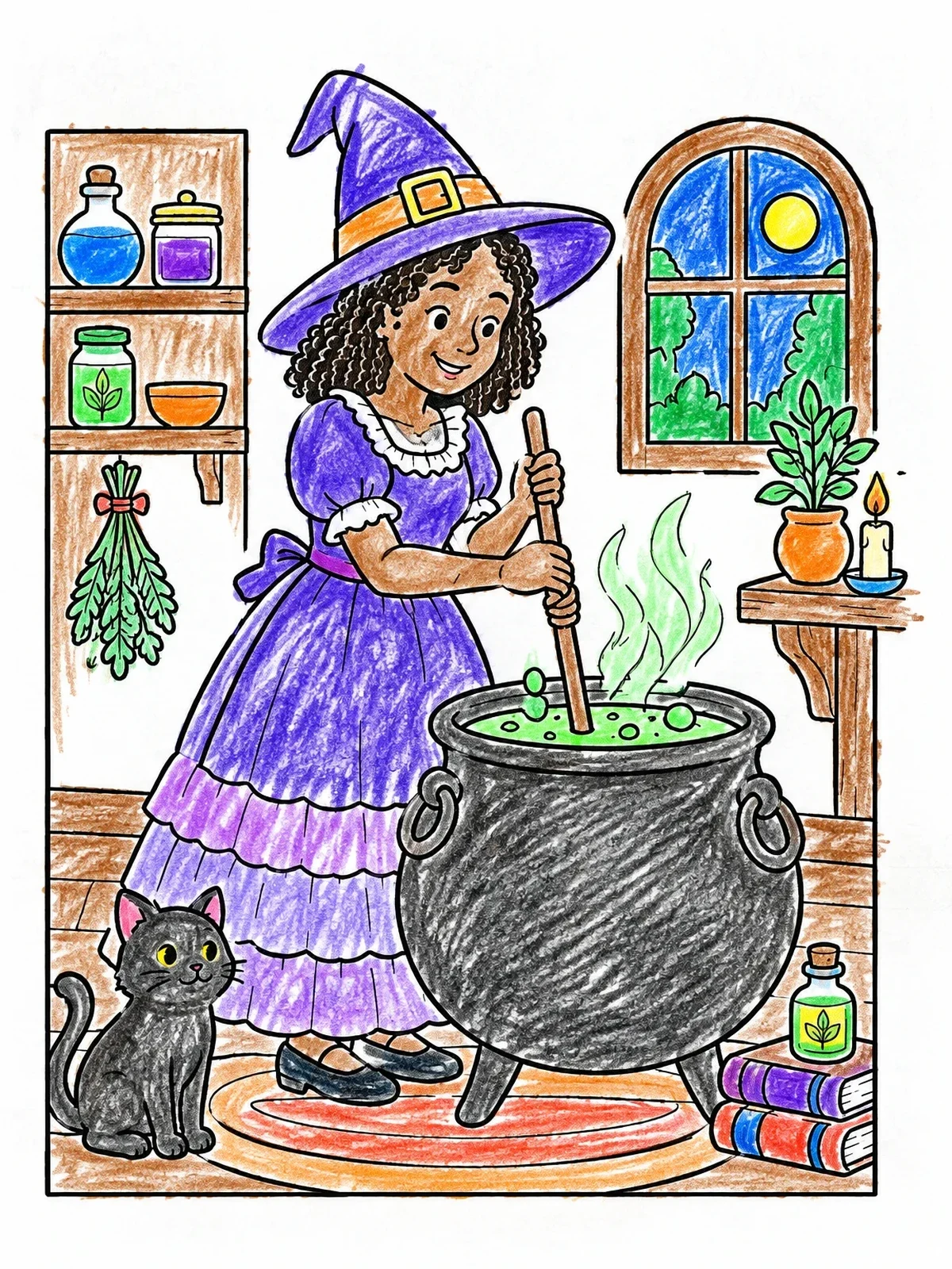 Colored example of the Young Witch Stirring Her Cauldron coloring page