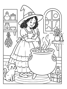 Free printable Young Witch Stirring Her Cauldron coloring page