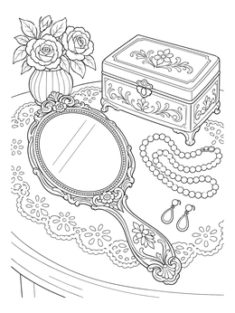 An ornate hand mirror, jewelry box, and pearls rest on a lace cloth in this mirror coloring page.