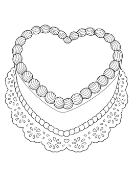 A vintage heart cake coloring page resting gracefully on an ornate paper doily.