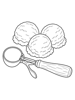 An ice cream scoops coloring page showing three textured scoops and a vintage mechanical scoop.