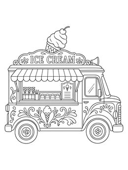Detailed vintage ice cream truck coloring page with awning and ornate swirls.