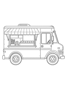 Detailed ice cream truck coloring page showing a vintage food van with serving window and awning.
