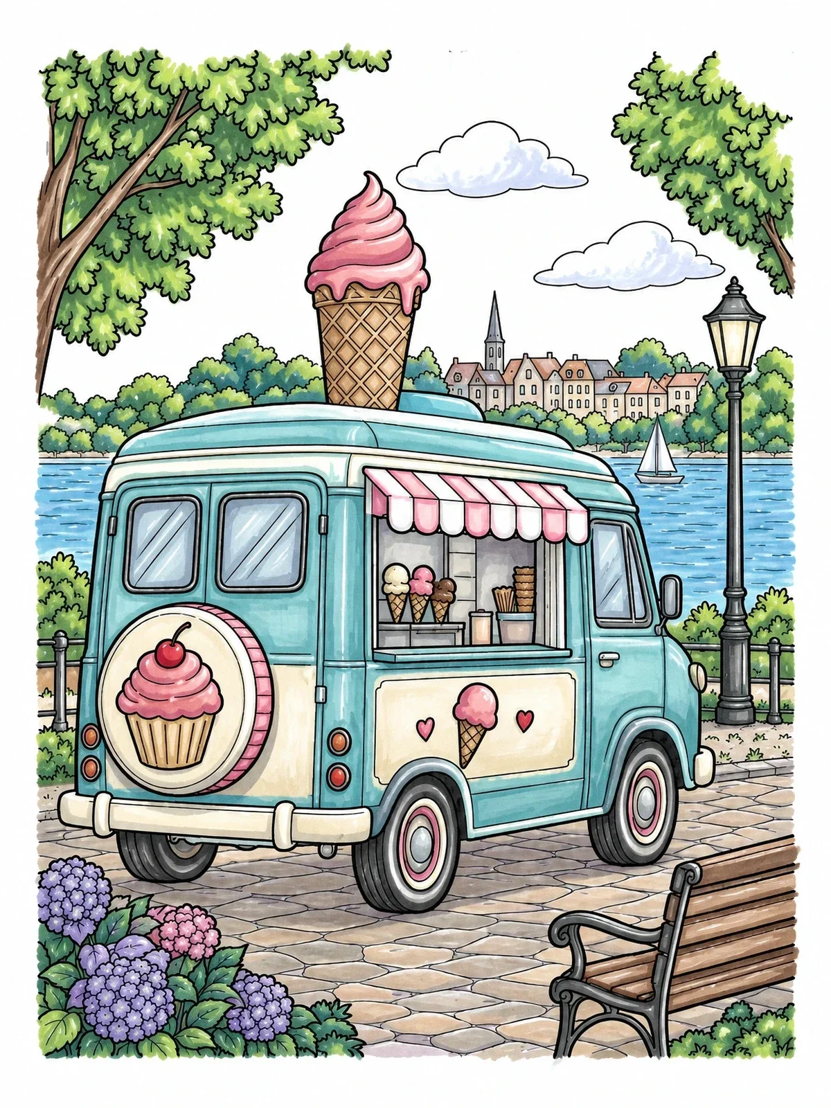 Colored example of the Vintage Ice Cream Van By The Promenade coloring page
