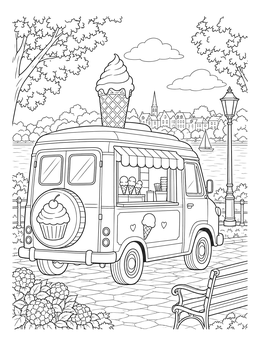 Detailed vintage ice cream truck coloring page parked by a scenic riverside promenade.