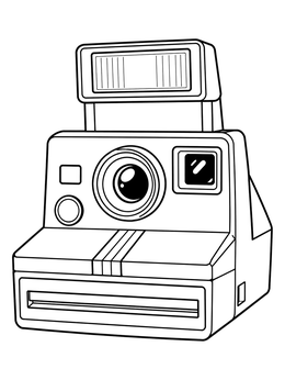 Retro instant camera coloring page with flash and round lens.