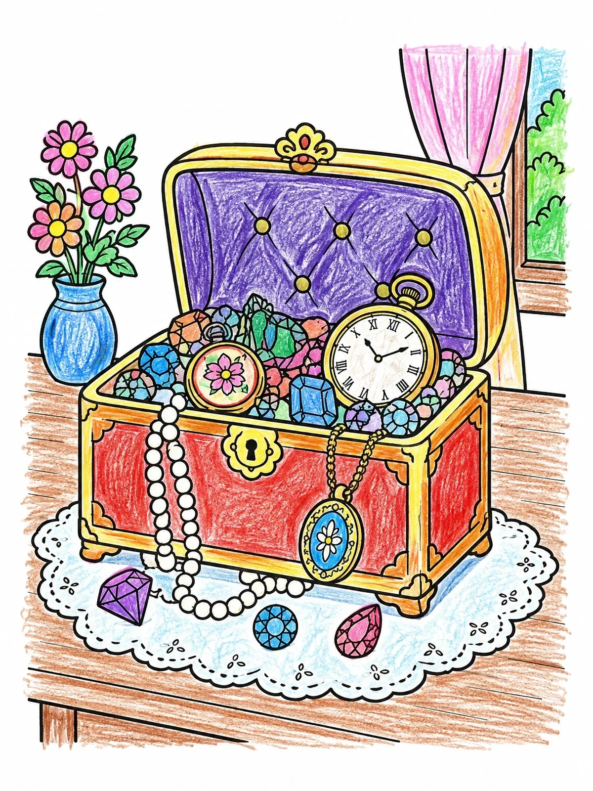 Colored example of the Vintage Jewelry Box Full Of Treasures coloring page