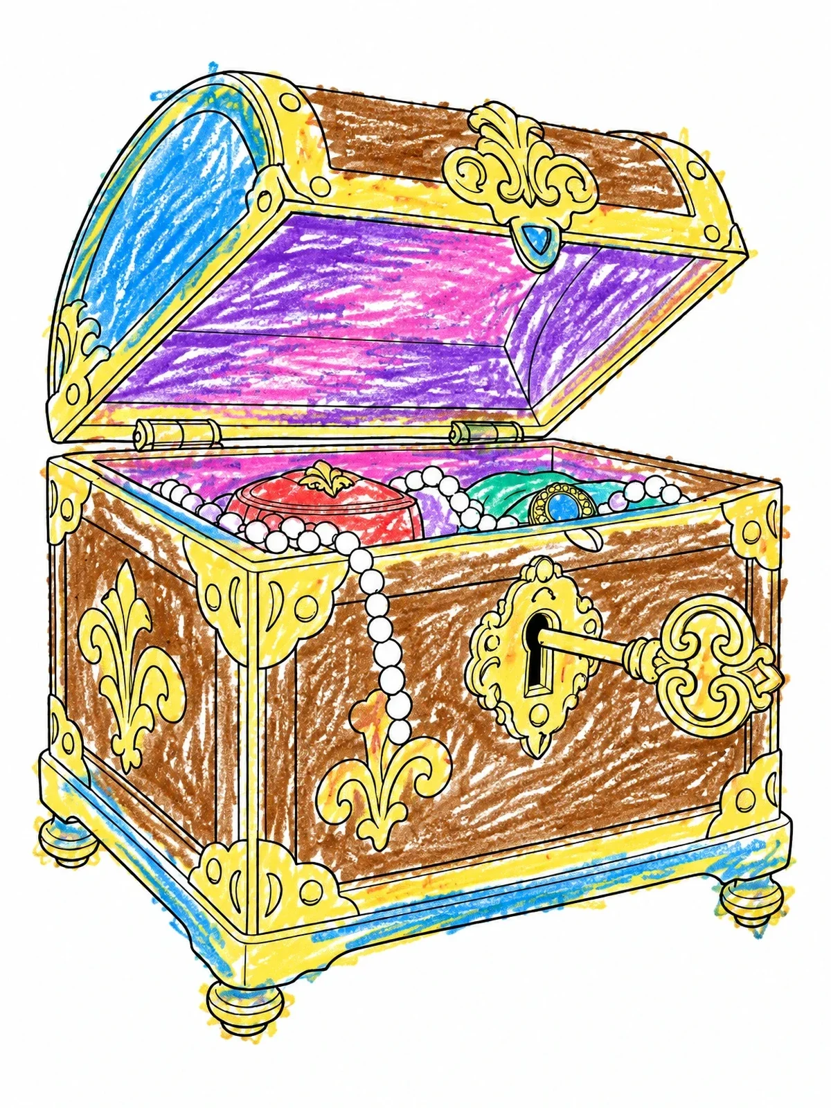 Colored example of the Vintage Jewelry Chest With Key coloring page