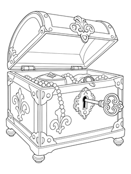 An ornate open treasure chest in this jewelry coloring page with pearls and a key in the lock.