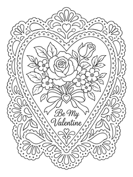 An intricate vintage valentine coloring page with a lace border and rose bouquet.